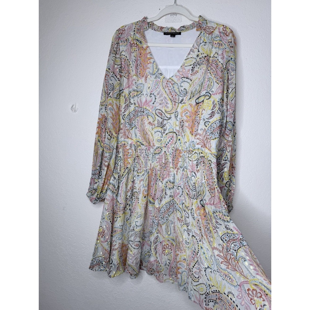Boston Proper Smocked Mini Dress M Paisley Bell Sleeves Shimmer Fairy Peasant - Picture 7 of 13